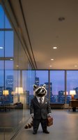 Anthropomorphic raccoon businessman in suit holding briefcase stands in modern office with city skyline view at dusk for corporate and business concepts.