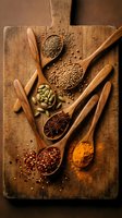 Wooden spoons filled with aromatic spices and seeds arranged on rustic cutting board for culinary cooking and seasoning recipes.