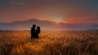 Romantic couple silhouette embracing in golden wheat field at sunset with mountains in background creating warm atmospheric landscape scene.