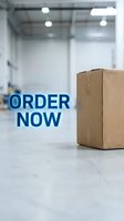Cardboard box on warehouse floor with glowing blue Order Now text, promoting e-commerce, logistics, and fast delivery services.