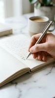 Person with light skin tone writing in an open notebook with a silver pen at a marble desk, with a coffee cup and potted plant in soft-focused background, suitable for business, education, and lifestyle content.