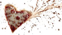 Heart-shaped coffee or chocolate milk splash with dynamic liquid motion and droplets on white background, dramatic beverage art photography for Valentine's day designs.