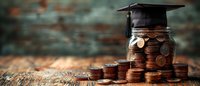 Graduation cap on stacked copper coins against rustic wooden background, symbolizing education costs and student loan debt concept. Financial planning panorama.