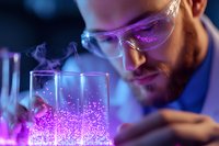 Caucasian male scientist in protective glasses observing glowing purple chemical reaction in laboratory beaker with luminescent particles and smoke effects.