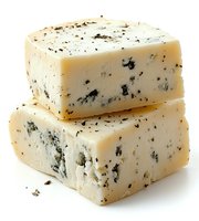 Two chunks of aged blue cheese stacked on white background showing texture and mold patterns, isolated for commercial food photography and packaging design.