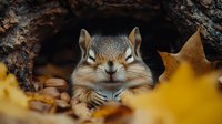 Adorable chipmunk sitting among autumn leaves and acorns in natural woodland habitat. Wildlife photography perfect for seasonal campaigns and nature content.