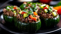 Round zucchini stuffed with seasoned ground meat, fresh vegetables and herbs served on black plate. Close up view of homemade appetizer with colorful garnish.