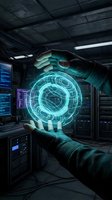 Hands holding glowing holographic sphere in futuristic control room with digital interfaces and advanced technology systems for cybersecurity concepts.
