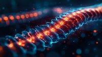 Glowing DNA strand with orange and blue neon lights on dark background, genetic research concept visualization with bokeh effect and depth of field.