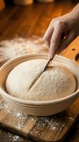 Baker scoring fresh bread dough with knife in ceramic bowl on wooden surface covered with flour for artisan baking and homemade cooking preparation.