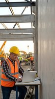 Construction engineer using laptop computer at building site with concrete beams and heavy machinery in background for project management.