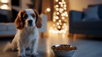Cavalier King Charles Spaniel puppy looking at food bowl with Christmas tree lights creating warm bokeh background in cozy home interior setting.