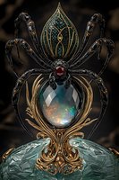 Ornate black spider brooch with opal gemstone centerpiece on baroque golden stand. Gothic jewelry design features intricate metalwork and crystal embellishments against dark background.
