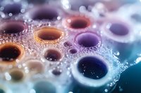 Colorful macro photography of soap bubbles with iridescent surface showing vibrant orange, purple and blue tones against blurred background with bokeh effect.