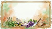 Vintage ornate frame with fresh produce, herbs, and cooking utensils arranged on watercolor background. Isolated design element for culinary, recipe, and kitchen-themed projects.