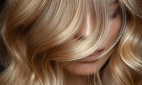 Close-up of luxurious blonde wavy hair with golden highlights flowing across woman's face, showcasing salon-quality styling and natural shine.