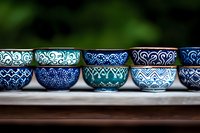 Decorative ceramic bowls in shades of blue and turquoise with traditional ornamental patterns lined up on wooden surface against blurred green background.