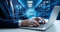 Businessman typing on laptop with glowing CPU processor chip and digital technology interface overlay representing computing power and machine learning.