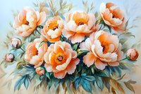 Delicate peach-colored peonies in full bloom with soft green foliage against neutral background, painted in watercolor style with gentle brushstrokes and flowing composition.
