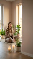Young woman meditating in peaceful home interior with plants and candles creating zen atmosphere for mindfulness and relaxation practice.