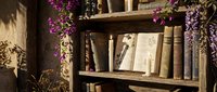 Rustic wooden bookshelf with vintage books and purple flowering vines in warm sunlight creating cozy reading nook atmosphere for home decor designs.