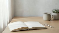 Open notebook on wooden desk with pen, coffee mug, and succulent plant by window with natural light, suitable for education, writing, and workspace design projects.
