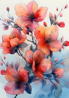 Delicate coral and peach flowers with navy blue accents in watercolor style against soft blue background, featuring translucent petals and flowing botanical composition.