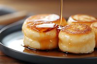 Golden honey drizzling over warm fluffy pancakes on dark plate, close-up view showing rich texture and glossy syrup creating appetizing breakfast scene.