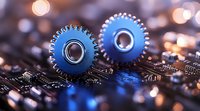 Blue metallic gears on computer circuit board with bokeh lights background, macro photography showing industrial technology and mechanical engineering concept.