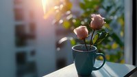 Pink roses in teal ceramic mug on windowsill at sunrise, soft morning light creating dreamy atmosphere with bokeh effect and green foliage background.