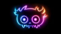 Glowing neon monster face with gradient colors from blue to pink and orange on black background, spooky cute character design for Halloween decorations and party elements.