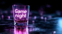 Illuminated shot glass with glowing neon pink "Game night" text on dark background with reflective surface and bokeh lights creating party atmosphere.