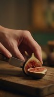 Hand cutting fresh fig in half on wooden cutting board with knife, food preparation and cooking ingredient for culinary use.