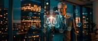 Professional mature Caucasian businessman in suit interacting with digital justice scales hologram surrounded by legal technology icons in modern office.