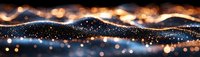 Magical glowing waves with sparkles and bokeh lights creating dreamy abstract background in dark blue and gold colors. Festive holiday atmosphere.