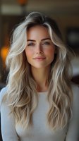 Young blonde Caucasian woman with long wavy hair and natural makeup smiling warmly in casual white sweater for lifestyle and beauty content.
