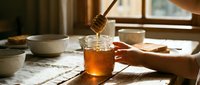 Golden honey dripping from a wooden dipper into a glass jar, held by a woman's hand on a rustic wooden table in warm morning light.