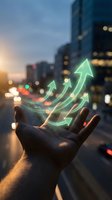 Hand holding glowing green growth arrows above urban cityscape at dusk representing business success and financial progress in modern economy.