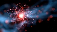 Glowing atomic structure with orbiting electrons in deep space, featuring bright red energy core and blue ethereal waves against dark background.