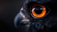Extreme macro close up of bright orange eagle eye with black feathers surrounding. Dark atmospheric wildlife photography showing intricate eye detail and texture.