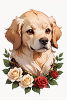 Adorable Golden Retriever puppy portrait with cream and red roses, green leaves arrangement on white background. For pet memorial, cards and wall art.