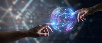 Two hands reaching toward glowing digital sphere with network connections representing technology collaboration and data exchange in futuristic setting.