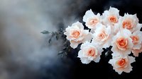 Delicate peach roses bloom against dark moody background, creating dramatic contrast. Soft petals and gray leaves add romantic, ethereal atmosphere for wedding designs.