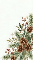 Winter holiday corner arrangement with pine cones, evergreen branches and berries on neutral background for seasonal greeting cards and festive designs.