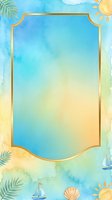 Watercolor summer frame with golden border, tropical palm leaves, sailboats, shells and sun elements on blue and yellow gradient background. Isolated design ready for invitations, posters and greeting cards.