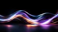 Glowing abstract waves with vibrant purple, blue, and orange colors flowing smoothly against dark background, creating dynamic light trails and reflections on surface.