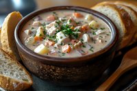 Creamy chicken soup with potatoes, carrots and herbs in rustic ceramic bowl served with crusty bread slices on wooden board.