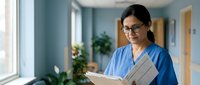 Professional Hispanic female healthcare worker in blue scrubs reading medical chart in modern hospital corridor with natural lighting and plants.