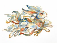 Decorative rabbit with flowing ornamental patterns in blue, gold, and orange tones, isolated on transparent background for t-shirt design, stickers, and print-on-demand projects.
