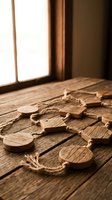 Wooden puzzle pieces scattered on rustic table near window with warm sunlight creating atmospheric shadows for problem solving concepts.